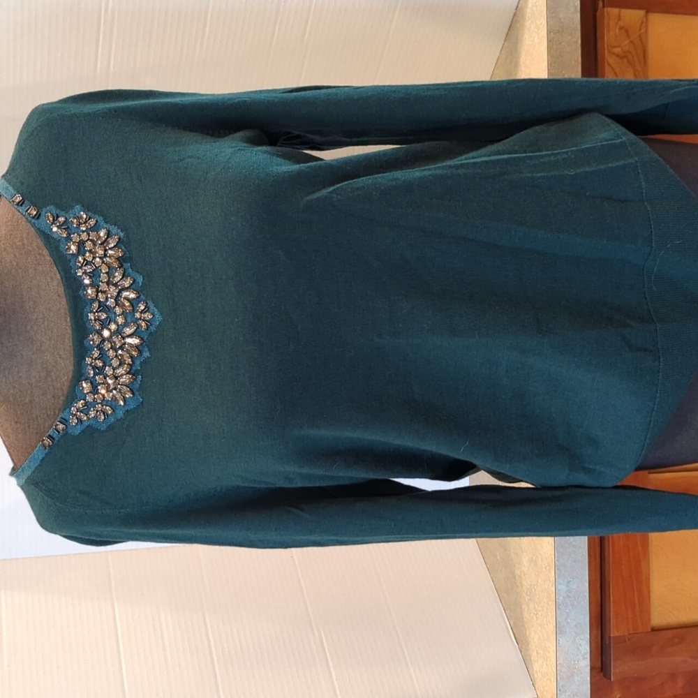Talbots teal green sweater with beautiful crystals around the crew neck. Size LG